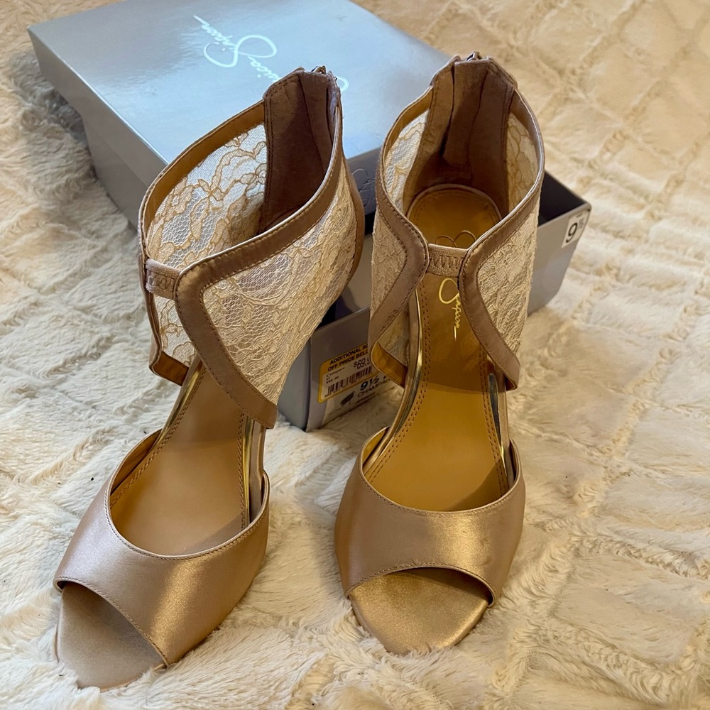 Jessica Simpson Lace Back Open-Toe Heels in Champagne
